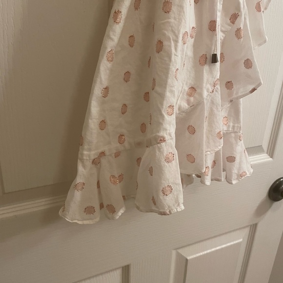 LOVERS + FRIENDS Gigi Polka Dot Print Flounce Wrap Dress in White and Pink - Picture 7 of 13